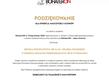Powiększ obraz: Dyplom za udział w projekcie BohaterON – włącz historię!